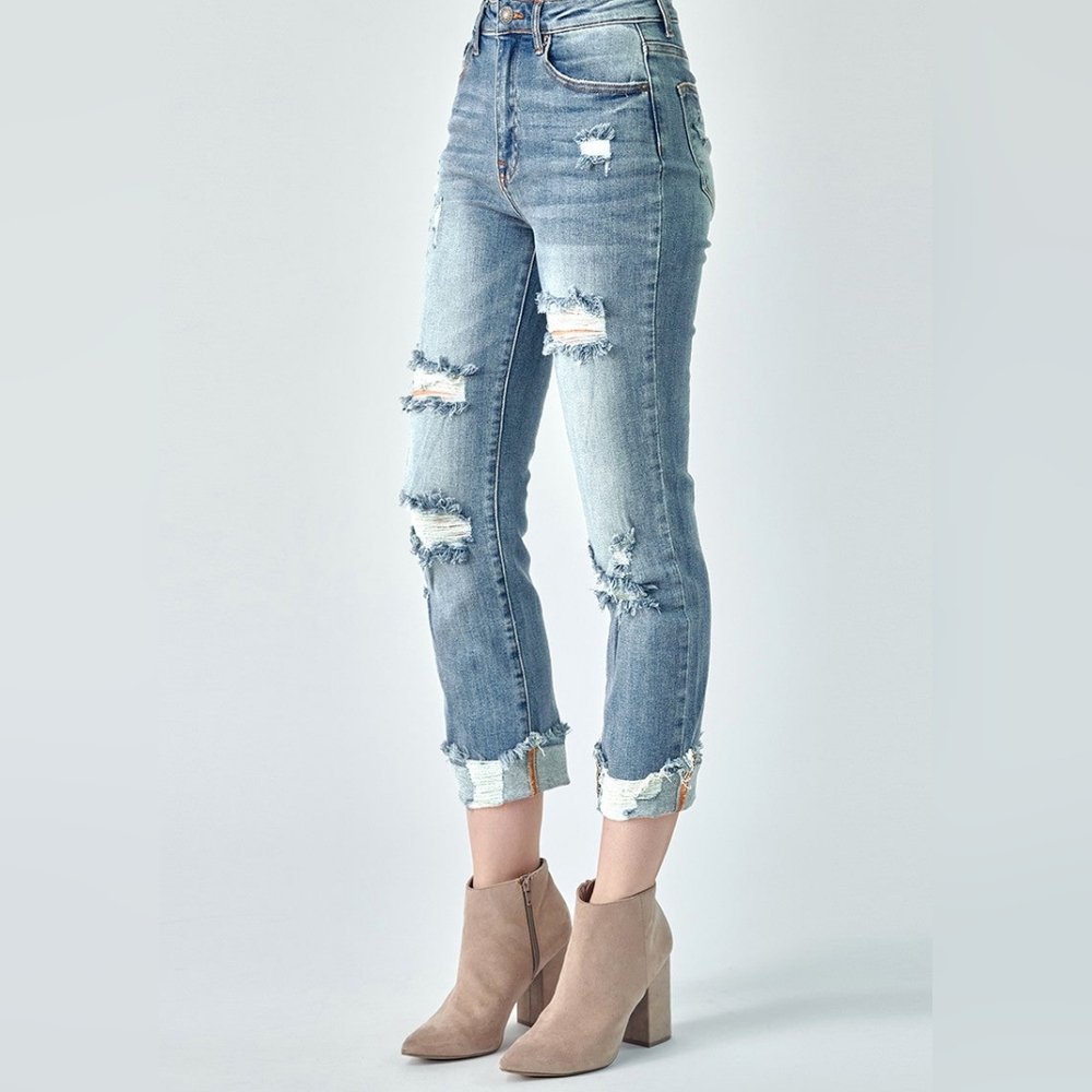 NWT RISEN HIGH WAISTED TURN BACK CUFF/UNCUFFED STRAIGHT JEANS SIZE 29/9 - Picture 2 of 7